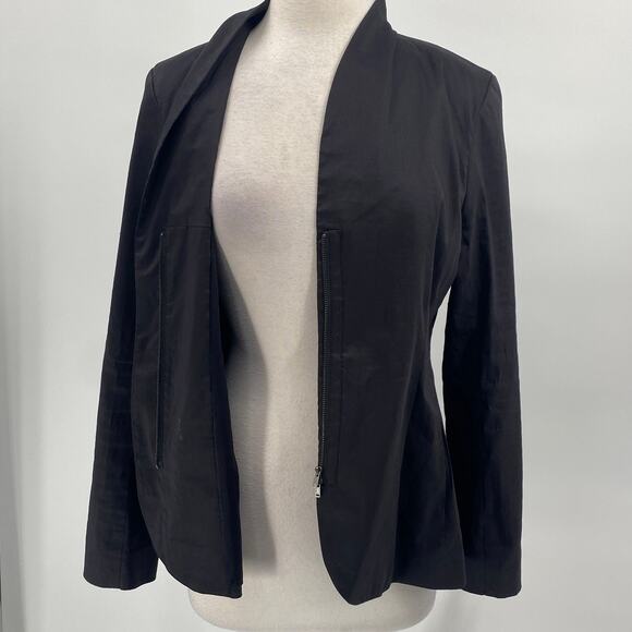 Eileen Fisher Blazer Dual Zipper Front High Collar Ramie Blend Black Womens M - Picture 6 of 11